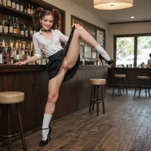 18 year old girl, British, Beautiful, innocent looking, smiling, looking at the camera, brown hair, white shirt open to show breasts, messy pigtails, perfect small breasts, long legs, athletic, legs spread wide open, vagina wide open, pubic hair, tattoos, black high heels, white ankle socks, lifting skirt up, choker, standing up on floor, looking forward, one leg raised on a short stool, front view, in a cafe, masterpiece, photo realistic, best quality, full color
