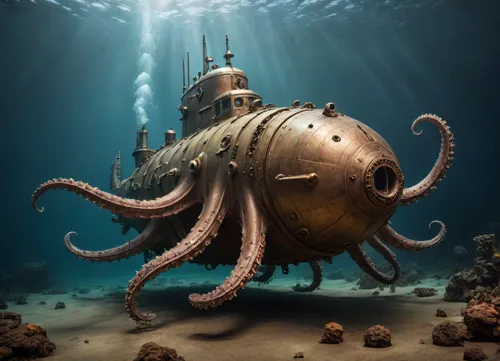 xs-4d-space, ocean, fantasy, battle steampunk submarine with octopus, under the sea, outdoors, photography, <lora:xs_4d:.5>