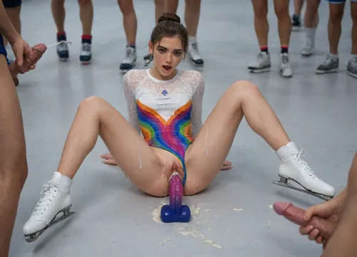 Russian in shiny bright rainbow striped pattern spandex figure skating leotard with long mesh sleeves, leotard aside, rhinestones, fully covered, cum dump, cum shot, cum on body, bukake, crying, squirting, cum everywhere, pussy juice, ejaculation, ice skates, hair bun, glitter decorations, stretched pussy, figure skating, olympics skating rink, double penetration, monster dildo, drenched in cum