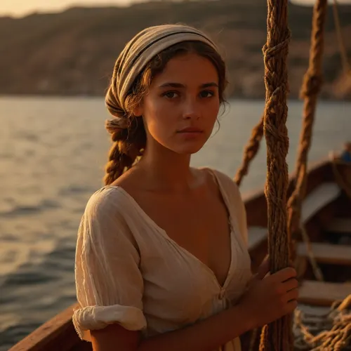 UHD 8K, ((sepia)), cinematic masterpiece, score 9, score 8 up, score 7 up, score_9, score_8_up, score_7_up, ((soft focus)), 20th century, blurred background, 8k uhd, ((full body view)), full body view of naked deeply tanned brunette braided Greek very young woman, very beautiful dreamy face, firm small breasts, narrow waist, tanned slim body, tanned beautiful young woman naked wearing only an open unbuttoned white linen shirt and a headscarf and flat sandals, very deep seamless tan, naked woman, casting a fishing net on board a small fishing boat off the south coast of Crete, Greece, fishing boat, fishing nets, ((beautiful face and naked body and naked breasts and naked pussy and with open unclosed white linen shirt and headscarf and shaved pussy)), Coast, other boats with fishermen in them, ((old male fisherman in striped fishing shirt on boat and sea in far blurred background)), warm sun rays from side, sunny summer day, AgedSepiaCE, slender woman, naked, very, small, breast, <lora:MJ52:.8>, <lora:Picture_enhancer:.8>, <lora:PhotoAgedSepia01-00_CE_SDXL_128OT:.8>, <lora:581257_training_data:.8>, <lora:slimwoman:.8>