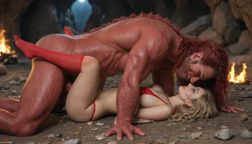 masterpiece, 8K quality, Dark Cave, Night, Fire, Stones, beauty 18 years old Russia girl, Satisfying smile, blond long Hair, hourglass figure, Natural swagging breasts, rounded ass, perfect eyes, Red Sexy Dessou Bikini, Red Stockings, (Sex by Red Monster:1.1), (RED knotted veins dick), (sex by Red Monster:1.1), Side View, Missionary, on the back, monster over the girl