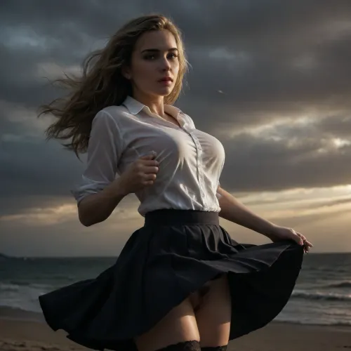 beach, professional photography, high quality, artistic, soft, romantic atmosphere, beautiful thin blonde woman secretary, wet, united white shirt, show pussy, upskirt, storm, long skirt, stockings, (((windyskirtlift))), (((wind lifring skirt))), ((windyupskirt)), (((strong wind))), hairy pussy, undressing, sunlight_str1, <lora:add-detail-xl:2>, <lora:dark:.8>, <lora:undressing_XL_v1:2>, <lora:sunlight_str1-SDXL_v1-dim64-steps1691:.8>