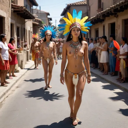 A preColumbian priest and priestess, both nude except for a headdress of brightly colored bird feathers, parade down a narrow street lined with small stone houses and sidewalks filled with spectators in native dress, at noon on a sunny day.