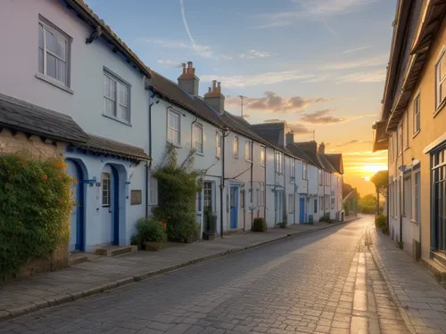 sunrise in medieva english town street