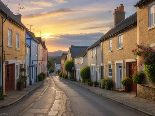 sunrise in medieva english town street