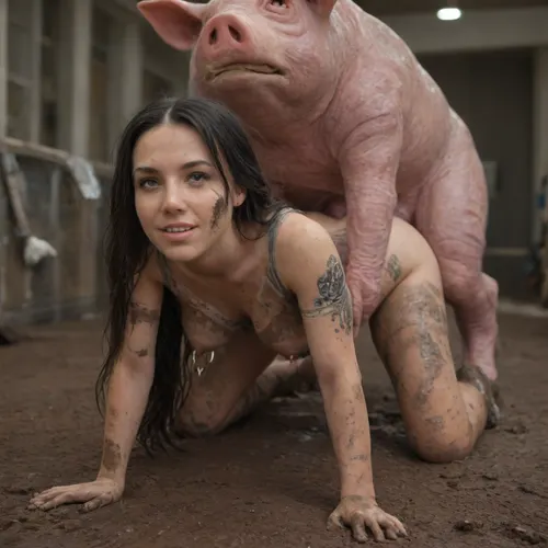 Cinematic still, UHD 8K, extreme realism, maximum detail, image of a woman and a huge pig like monster, in a muddy and dirty pigsty, with a huge fat cock, zoophilia, woman staring at the camera, smiling with lust, (pigsty:1.5), (muddy ground:1.5), (monster resembling a pig fucking the woman in the ass:1.5), (40 yo woman in a pigsty on all fours:1.5), (very long black hair:1.6), (tattoos:1.5), (nipple rings:1.5), (very dirty skin:1.5), dirty with mud, perfect legs, perfect anatomy, (perfect long legs), perfect fingers