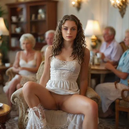 full body view, a very young pretty deeply tanned slim woman with very long curly hair sits in a living room on a comfortable armchair, her legs pulled up to herself, in the blurred background a group of older people in formal dress sits around a coffee table, (((young woman sits in armchair her legs pulled up to herself wearing an extremely short white laced mini dress slipped up and revealing her bare naked shaved pussy between her thighs))), (((bare naked shaved pussy))), very deep neackline, deep seamless suntan, firm medium breasts, (((group of older people in formal dress sits around a coffee table in blurred background))), skirt lift, upskirt, vagina, out, rear, shot, front, <lora:MJ52:.7>, <lora:skirtLift:.5>, <lora:upskirt:.7>, <lora:Picture_enhancer:.7>, <lora:Midjourney Image Enhancer XL v1:.7>
