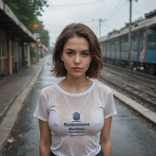 woman, railroad crossing, best quality, masterpiece, illustration, (realistic, photo-realistic:1.37), amazing, finely detail, incredibly absurdres, huge filesize, ultra-detailed, highres, extremely detailed CG unity 8k wallpaper, ray tracing, A close up, realistic picture of a busty english 25yo with light makeup standing in the middle of a wet road after the rain. She is wearing a drenched white school shirt that is clinging to her body, showing the outline of her large breasts. The train crossing barriers are down behind her. The traffic light at the crossing is red. The ground is reflective from the rain, but the sun has just emerged from behind the clouds. The image is highly detailed digital art.