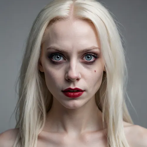 A RAW photo of a petite Scandinavian woman, 35 y.o., albino, very skinny, black eyes, long wild hair, light grey hue background, full headshot, 4K, 8K UHD, hyper-photorealistic, ultra-realistic, 1girl, blonde, Harley, Quinn, scary, <lora:Halloween Series_ Harley Quinn_epoch_10:.8>