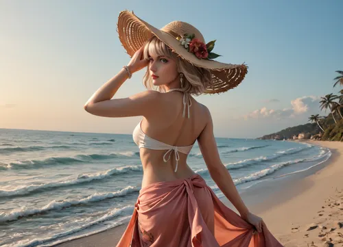 secluded beach woman wearing sarong and over sized summer hat, ((back to viewer)), windy day, holding hat on to head