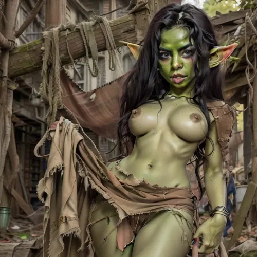 Sexy, beautiful goblin, woman in ripped rags, exposed nude, goblin, girl, <lora:goblin_lora:.8>, <lora:DDlipbit_v2:.8>