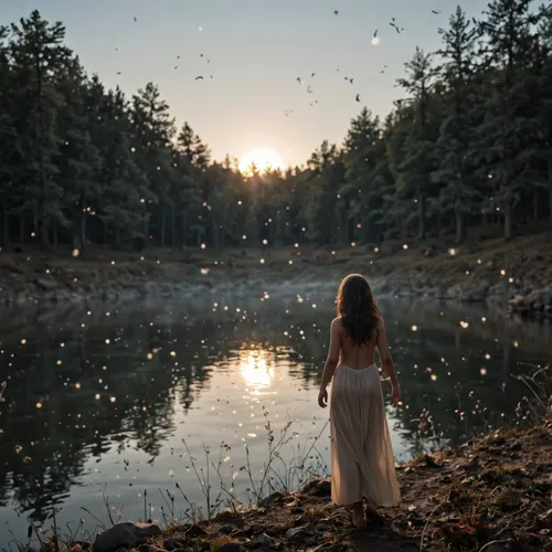 In the textured realism of Simon Stålenhag, a moon-worshiping priestess stands ankle-deep in the calm waters of a misty lake, her naked body fully exposed, (2.0), . Her raven-black hair flows wildly in the wind, (1.8), adding a dynamic sense of motion as she raises her arms in worship toward the vast, star-filled sky. The night is illuminated solely by torches, planted in an irregular pattern along the sandy beach behind her, their golden flames flickering against the cool, muted tones of the environment. Her posture is powerful yet serene, the natural curves of her body, including her softly rounded bubble butt, highlighted by the warm glow of the torches. The contrast between the golden torchlight and the cool misty darkness of the lake creates a striking interplay of light and shadow, emphasizing the contours of her figure, (1.9), . To her side, a silver-grey horse, (1.7), stands peacefully, tied to a nearby tree on the shoreline, its sleek coat reflecting faint glimmers of the torchlight. The lake is veiled in a thin layer of smoke, which drifts softly across the surface, blending with the hazy reflection of the torches in the rippling water. The air is alive with hundreds of fireflies, their tiny golden lights moving erratically, adding texture and depth to the scene. The torches' crackling flames mix with the gentle rustle of leaves and the faint hum of the fireflies, creating a richly immersive atmosphere. The volumetric lighting, from the torches filters through the drifting smoke, casting soft, dynamic beams across the scene. The muted earthy tones of the surroundings, interspersed with the vibrant glow of the torches and the flickering fireflies, evoke Stålenhag’s characteristic balance of realism and mysticism, capturing a moment of sacred ritual and haunting beauty