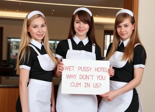 Three petite young women, wearing maid uniforms, different haircolors, standing at a hotel reception.
They hold a sign with text "WET PUSSY HOTEL, WHY DON'T YOU CUM IN US?".