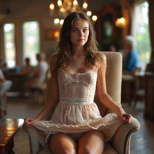 full body front view, a very young deeply tanned woman with very long wavy hair sits in a living room on a comfortable armchair drinking coffee, while in the blurred background a group of older people in formal dress sits around a coffee table. The very young pretty deeply tanned slim woman is wearing a braless thin transparent extremely short white laced mini dress with a very low unbuttoned neckline that reveals her bare naked shaved pussy, slim and pretty, bare naked shaved lap, shaved pussy, deep seamless suntan, exposed naked firm medium breasts, skirt, lift, upskirt, vagina, out, rear, shot, front, <lora:MJ52:.7>, <lora:skirtLift:.3>, <lora:upskirt:.5>, <lora:Midjourney Image Enhancer XL v1:.7>, <lora:BUT_SDXL_SHS:.7>