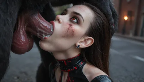 petite 18yo vampire girl, latex suit, pain expression, (injured:1.8), (pale skin:2), (vampire:2), (deepthroat:1.8), (barely fit in mouth), (((by werewolf huge monstrous dick))), (cum:1.2), (dark street background:1.2)