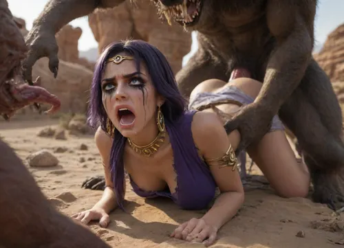 Candace from Genshin Impact, gang rape, forced penetration, (girl fucked werewolves), exhausted, ripped clothes, (angry face:1.5), (ruined makeup:1.5), (crying:1.5), (screaming:1.5), rape, deep penetration, stretched asshole, stretched belly, werewolves, monster on monster, best quality, ultra-detailed, masterpiece, finely detail, highres, 8k wallpaper, highly detailed, insanely detailed, best lighting, perfect illumination, (best illumination), (best shadow, best shadows), ((ultra-detailed)), (intricate details:.6), dslr, hyperrealistic, 35 mm, (Fujifilm XT3, analog style, professional DSLR photo, film grain:.8), 8k high definition, Great Composition, highly complex, (intricate detail:1.2), Arms roped behind his back werewolves body, huge horsecocks, helpless. hatefuck, ((desert background)), EdobWerewolf, <lora:EdobWerewolf_XL_v1.0:.8>