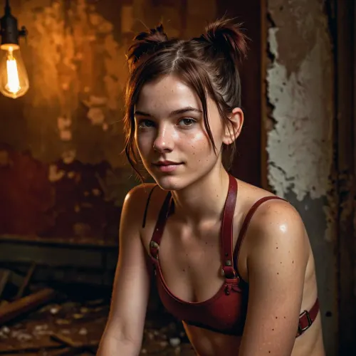 26 year old woman, dark redbrown hair, short shaved asymmetric hair, pigtails, shy smile, freckles, Red leather halters, rearpussy, godpussy, old abandoned room with shabby walls and wet floor, (dimly lit:1.2), warm lighting, (light of old painting), detailed skin texture, skin pores, detailed face, sharp focus, photorealistic, hyperrealistic, high resolution, very detailed, 8k, RAW photo, highest quality