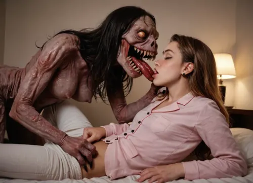 Photo, real photo, best quality, perfect quality, professional photo, night, a young girl's bedroom. An 18-year-old girl passionately kissing a scary monster woman. Sharp focus, cinematic lighting, moonlight, spooky, scary, horror, sexy, erotic horror, (((2girls))), masturbation, orgasm, pajamas, shirt pulled up, pants pulled down, ((female monster:1.7)), ((Looking at each other)), in love, lesbian, lesbian sex, extra arms, claws, both looking at each other, youthful decor, pink wallpaper, stuffed animals