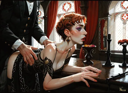 incase style, Art Nouveau style, beautiful aristocrat women doggystyle fuck, ((dark pixie hair)), (makeup), incase, <lora:287175_training_data:.8>, n0uv34u, style, <lora:nouveau1:.8>