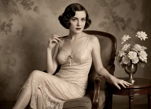 A vintage sepia-toned photograph of a glamorous woman from the 1920s sitting elegantly in a stylish chair. She has short, wavy dark hair and is wearing a light, lacy nightgown that reveals her legs adorned with garters. She is holding a cigarette in one hand while looking thoughtfully to the side, exuding an air of sophistication and nostalgia. A small table beside her holds a vintage-style telephone. The background features soft, floral patterns, enhancing the vintage aesthetic of the scene.