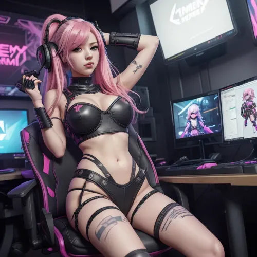 a woman with pink hair sitting in a gamer chair in front of a computer desk in a gamer room, mechanized soldier girl, fine details. girls frontline, artwork in the style of guweiz, from girls frontline, seductive anime girl, soldier girl, guweiz, girls frontline style, badass anime 8 k, cyberpunk, flower bodypaint, gun, VTuber, streamer, gaming setup, lingerie, arms up, legs spread, army clothing