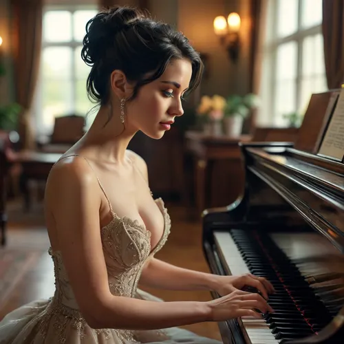 Busty woman, black hair, updo hairstyle, elegant dress, deep neckline, playing a piano, living room, (highly detailed, best quality, 4k), <lora:MJ52:.8>