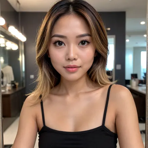 ((dark brown hair, Thai girl)), (blonde streaks), Stylish mirror selfie featuring a 35 yo Asian girl, beautiful eyes, cute nose, sweet look, ((small, petite:1.3)), cute young Japanese., (flash her tits:1.2), . The angle of the shot is slightly tilted, capturing a laid-back, influencer-inspired vibe, fine detail, (photo realistic:1.3), (high resolution:1.3), (crystal clear:1.3)
