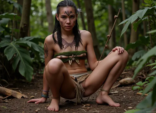 A young tribal woman crouched in a dense, tropical jungle, around 25 years old. She has pale skin covered in war paint forming angular, symbolic patterns across her face, arms, and torso. Her skin is also smeared with patches of mud, wet body, as if she’s been moving through heat and mist. Her long, dark braided hair is decorated with feathers, beads, and small bones. She wears primitive garments, a bark-fiber chest wrap with moss and leather strips, adorned with animal teeth and carved stones. Her skirt is made of layered vines and dyed cloth strips, irregular and tribal. She is barefoot, with rope and wooden ornaments on her wrists and ankles. She carries a wooden bow in one hand, her posture low and cautious, tracking something just out of frame. Her expression is intense, focused. The atmosphere is hot, humid, and heavy with mist and jungle sounds. Cinematic lighting, semi-realistic style, full-body view, look at viewer.