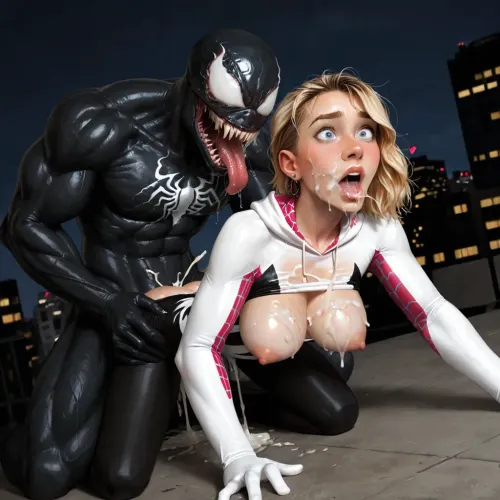 19 yo, Spider-Gwen, pretty face, huge breasts, Spider-Gwen costume, eyes wide, mouth open, sweat, tears, drool, shock, rooftop, night time, city skyline, on all fours, doggystyle sex, thick white cum, cum on face, drooling cum, cum dripping from girls mouth, cum on clothes, cum on breasts, rough sex, motion blur on breasts, bouncing breasts, <lora:877349_training_data:.8>, <lora:Spider-Gwen:.8>, incase, style, <lora:287175_training_data:.8>, Venom behind girl, Venom fucking Spider-Gwen, dynamic angle, Venom is large