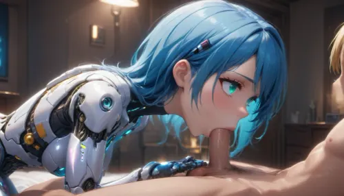 a blue haired cyborg, (blue hair, turquoise eyes), gives a blowjob to a blonde male in a bedroom, from the side