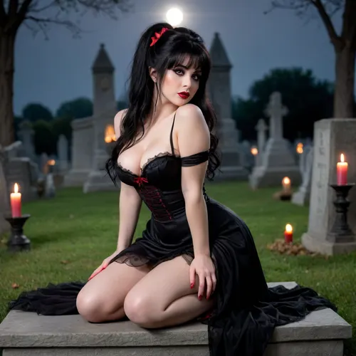 woman, Elvira cosplay 20 years old wearing torn raggedy black dress view from behind round ass exposed big boobs erect nipples beautiful face black, (very big bouffant), with long, flowing black hair. Her skin is pale, she uses dark red lipstick, pink cheeks, dark pink eyeshadow, and eyes with long eyelashes. in a cemetery in the dark moonlight very foggy, pose, all, fours, from, behind, Elvira, black, dress high, heels, smile, spider, lingerie, webbing, touching, cheeks, red, couch, mansion, background, dark, candle, lit, Dark, Fantasy, page