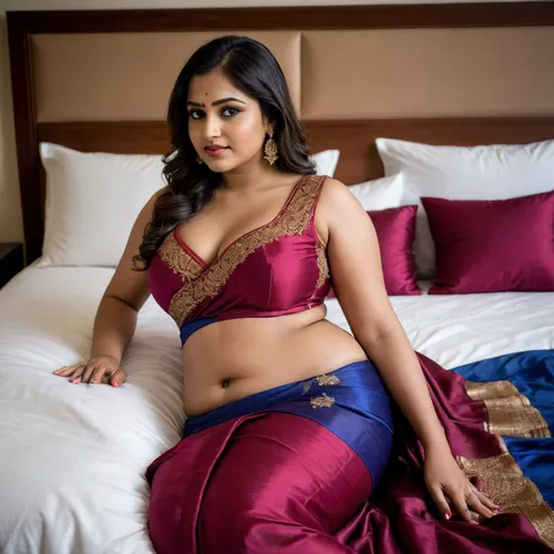 Full body image, side view Full body image, indian hourglass body, Indian plus sized busty 30 year old, laying on bed, lovely face, suductive expression on face, she is biting her lower lips wearing highly loose embroideried maroon colour silk deep neck reflective blouse and dark blue colour low waist silk reflective saree, shirtless young boy massaging her waist, boys hands are on her waist