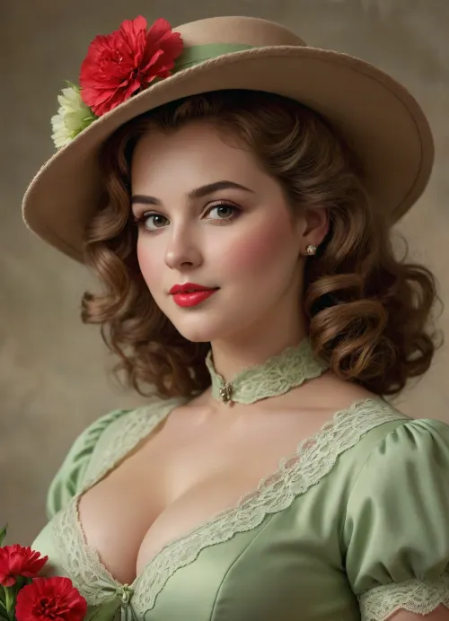 A vintage illustration of a young woman wearing an elegant wide-brimmed hat adorned with red flowers. She has soft, curly hair and a subtle smile. Her outfit features a light green dress with delicate lace details and a high collar. In her hands, she holds a small bouquet of red carnations. The background is a soft, muted color, enhancing the nostalgic and romantic feel of the artwork., plump, skindentation, chubby, bbw, venus, body, big, breasts, ass, beautypinupart, 1girl, <lora:Chubby BBW - XL:.3>, <lora:PinupManiaXL_V1.0:.8>