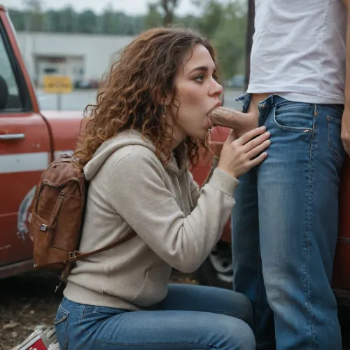 Wide shot, from 15 feet away, side view, 18 year old Irish redhead girl, wearing tight jeans and a hoodie and high top converse and backpack, kneeling by the open door of the driver of a big rig parked at a truck stop, deepthroating the driver's thick cock fully clothed, driver sitting in the truck, very freckled, very red symmetrical lips, round green eyes, greek nose, very detailed long curly hair, round D sized tits, natural skin tone, in the rain, perfect fingers and hands, blowjob, deepthroat, cum overflowing from mouth, detailed bottom, <lora:580159_training_data:1>