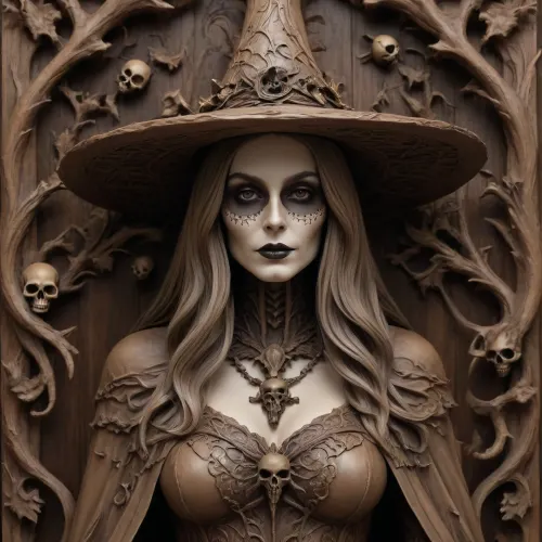 A detailed, sepia-toned wood carving in the Gothic style depicts a witch with long, wavy hair, a pointed, leaf-decorated hat, and a tattered cape. Her face is painted with a grotesque skeleton mask. Surrounding her are skulls, bats, and twisting, thorny vines, creating a macabre, eerie atmosphere. The background is densely filled with intricate, organic patterns, creating a dark, mystical atmosphere. #©KITTYART

























#©KITTYART