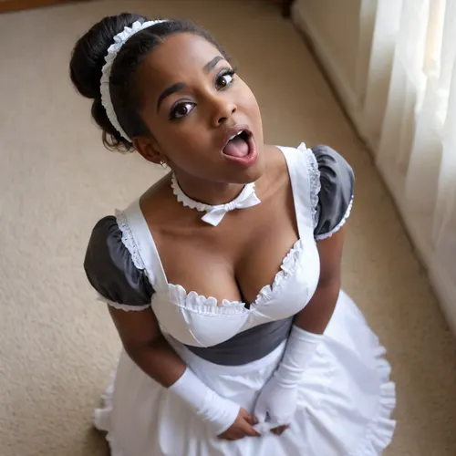 (top down view:1.5), (on knees), young 18yo black girl, photography, photo, (large breasts), (((maid, black and white dress))), (((gigantic tits:1.5))), ((extra big breasts)), ((saggy tits)), ((huge cleavage)), ((holding tits)), ((white stockings, frilly collar, frilly short skirt, maid bun)), ((dark skin)), surprised face, open round mouth, tongue sticking out, high eyebrows