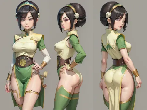 (masterpiece, best quality:1.2), full body, lyco, (atla_tophbeifong-10:1), cowboy shot, solo, 1girl, Super thick and busty hourglass figure, toph beifong, blind, expressionless, short hair, hair bun, hairband, grey eyes, (little_girl), Sexy and revealing chinese clothes, chara-sheet, masterpiece, best quality, (Front and back view), 360 degree view, (simple backgound), <lora:atla_tophbeifong-10:.5>, <lora:TOPH-V2:.5>, <lora:character-sheet-03:.7>