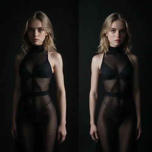 18 year old girl, upper half body view, tight and slim, blonde with black shadows hair, freckles, tight doll withe dress, tight translucent dress, skinny, slender, slim, tight waist, small breasts, pussy clearly seen, cameltoe, multiple, views, of, the, same, character, model, sheet, chatacter, raw, lighting, overexposed, harsh, flash, <lora:Model_Sheet_Xl:.8>, <lora:Rawfully Stylish v0.2_epoch_20:1.7>, <lora:dark:1.4>