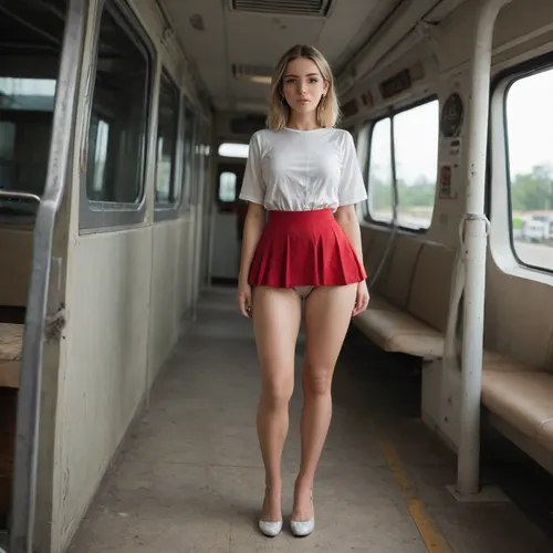 Petite 18 year old blonde girl with small body and innocent detailed face standing next to younger sister. White tight shirt with massive tits standing on a bus. Wearing a red microskirt with very tight white transparent panties and a fat thick wet massive cameltoe with high heels. Slight upskirt angle
