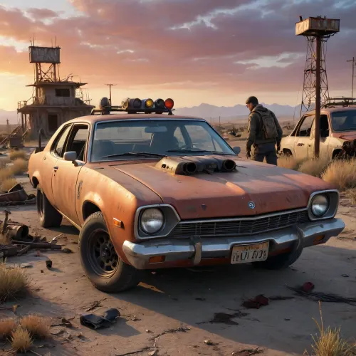 A post-apocalyptic gas station in the middle of a desolate wasteland, overgrown with weeds and covered in rust, broken pumps, shattered glass, bullet holes in walls, remnants of old cars abandoned nearby, a small group of young stalkers in their mid-20s carefully search the area — one crouches near a wrecked car inspecting old tools, another examines a broken fuel tank, while a third scans the horizon with binoculars from atop a ruined vehicle, they wear tactical vests, armored gear, gas masks, and carry modified weapons, several zombie-like figures in torn clothes stumble slowly in the distant background — decaying, slow-moving, but dangerous, dramatic lighting from a red-orange sunset casting long shadows, gritty atmosphere filled with dust, tension, and survival instinct, hyper-detailed textures on metal, rust, skin, and fabric, cinematic style, high detail, photorealistic rendering, 8K quality, trending on ArtStation, dark survival mood, wasteland exploration vibe, 4ng3l, face, <lora:add-detail-xl:.9>, <lora:SDXL_BetterFaces-LoRA_v1:.8>