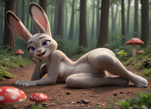 Furri, Anthropomorphic rabbit, (Judy Hopps from "Zootopia"), lying on her side, naked, breast exposed, dark mushroom forest, seductive smirk, silly, open mouth, (ahegao), dark light, full body view, side view., cute, doodle, <lora:cutedoodle_XL-000012:1.4>