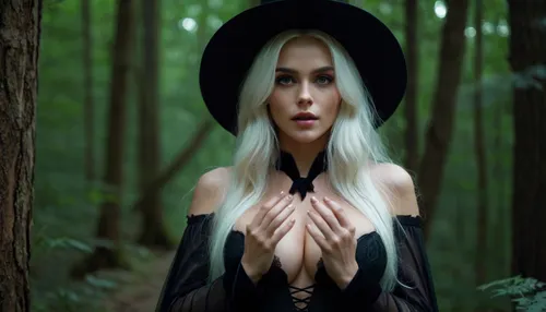 Insanely detailed photograph of Incredibly of a stunning beautiful gorgeous sexy young wild witch, in a sexy wild witch outfit, witch hat, long white hair, in a dark forest, at night, Beautiful detailed face, (perfect eyes:1.1), (perfect skin:1.1), (perfect big breasts:1.1), (perfect body:1.1), (perfect hands:1.1), (perfect finger:1.1), (perfect fingernails:1.1), Photorealistic, RAW, analog, best quality, 8k, HD, DSLR, Fujifilm XT3, film grain, award winning, <lora:289505_training_data:.8>