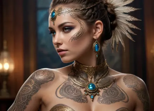 triple fantastic curve Levi fractal sci-fi style tattoo on the face and body of The naked QUEEN OF UNAMI AMERICAN INDIAN TRIBE, lights, lace patterns on the body of drops, airbrushing, hyper-detailed, filigree, colorful, realistic, multi-level composition, silvery golden threads, bioluminescence, smoke, high octane render, intricate details, HDR, beautifully shot, hyperrealistic, sharp focus, 64 megapixels, perfect composition, high contrast, cinematic, atmospheric, moody Epic cinematic brilliant stunning intricate meticulously detailed dramatic atmospheric maximalist digital matte painting