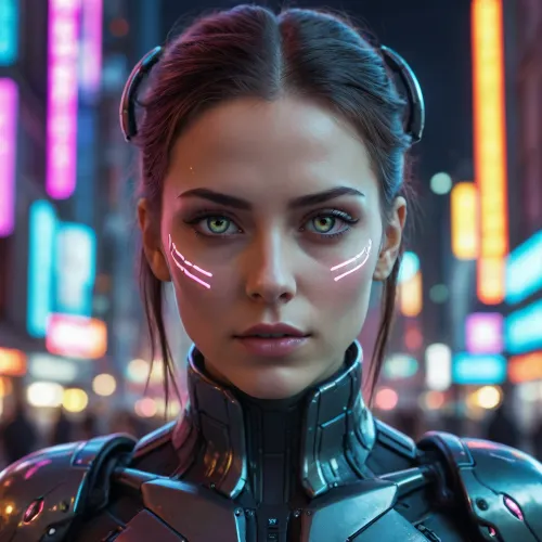 A cybernetic woman with glowing eyes in a neon city, cyberpunk style
