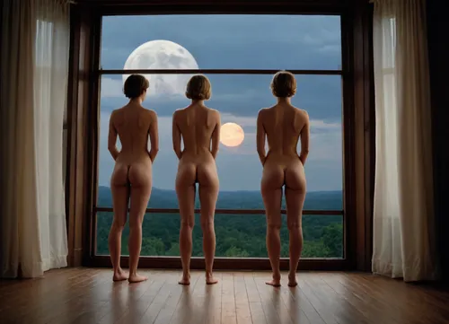 a large, full-length window with no curtains. outside the window is a dark night sky with a full moon. In front of the full-length window, three beautiful slender young naked girls aged 19-21 are standing backwards. They all have short hair.
