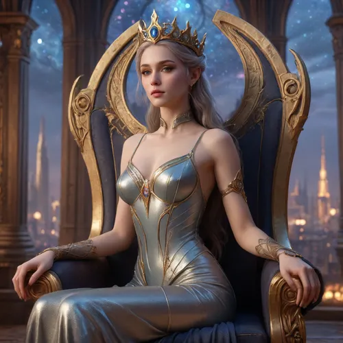 A celestial elven queen sits on a throne made of stardust, overlooking a cyberpunk city that stretches across the cosmos, a true masterpiece. Her gown shimmers with nebulae and constellations, and her crown radiates cosmic energy. The scene is reminiscent of detailed matte paintings, with deep colors, intricate details, and a blend of fantasy and science fiction elements, trending on Artstation and Unreal Engine 5, with a touch of art nouveau elegance reminiscent of Alphonse Mucha.