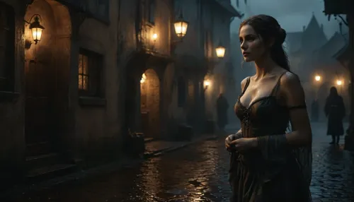 The picture has a frightening atmosphere, a small medieval town, cobblestone streets, oil lamps as street lighting, night and heavy rain, mud, 100% humidity, a dark dive from the outside, warm light coming in, full body view of a slim, pretty woman in rags showing secretly her tits in front of the pub offering her services as a prostitute, perfect face, perfect hands, perfect small tits, Black, and, white, art, black, shading, charcoal, toned, brutal, dark, b/w, color, scheme, elven, architecture, <lora:Black and white art.V1:1.2>, <lora:EnvyElvishArchitectureXL01:.6>, <lora:MJ52:.8>