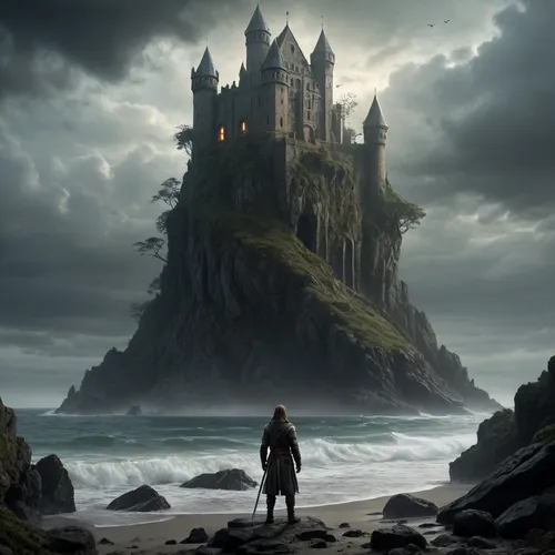 The action takes place on the ocean shore with vegetation in the style of a gloomy fantasy dystopia with a very detailed and atmospheric environment. The world is magically infected with glowing anomalies, perverted nature, and remnants of vanished civilizations. The lighting is unnatural, casting eerie shadows. The art style combines elements of medieval fantasy.