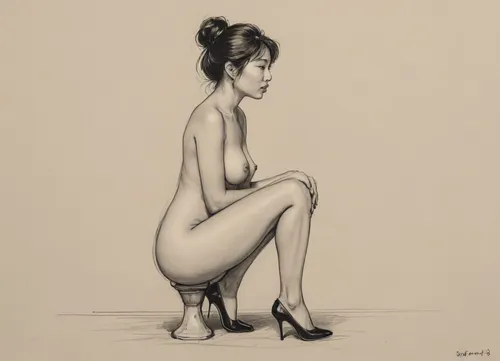 score_9, score_8_up, score_7_up, A detailed pencil drawing with clean lines and meticulous shading, sketch of a nude Chinese woman squatting in a toilet . she is tall and beautiful, with long legs, wearing black high heels, The drawing should have delicate shading and intricate details, capturing the essence of the subject with fine pencil strokes, background is be simple, allowing the focus to remain on the portrait itself, drawing, by, NTY, v0ng44g, sk3tch, .8>, <lora:sketch_it:1.3>