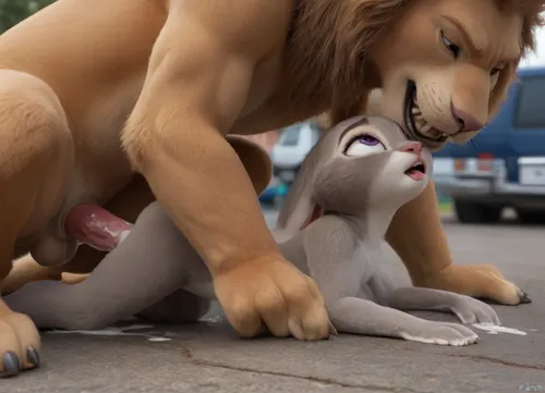 Furri, (Judy Hopps from "Zootopia"), female rabbit and male lion, size difference, naked, in Special Forces bus, seductive smirk, missionary sex, hard sex, fucked silly, open mouth, (ahegao), cum in pussy, cum puddle from pussy, side view, 4k, high resolution.
